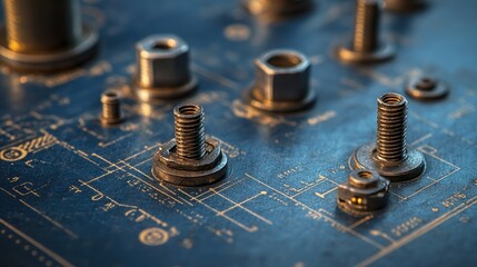  Scattered screws placed on top of worn mechanical blueprint, evoking sense of engineering, repair, and technical planning. Represents industry and craftsmanship.