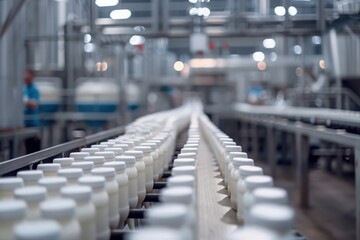 Obraz premium Milk bottles on conveyor during automated dairy production process.