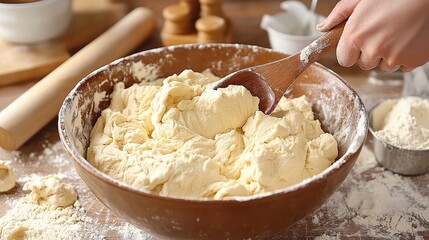  Wooden bowl filled with soft dough being mixed with spoon. Baking ingredients like flour and butter surround it, highlighting home baking, fresh pastry preparation, and cozy kitchen vibes.