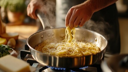  Chef stirring spaghetti in a large stainless-steel pot, the strands glistening with olive oil and garlic. Captures the rich, comforting simplicity of Italian cooking.