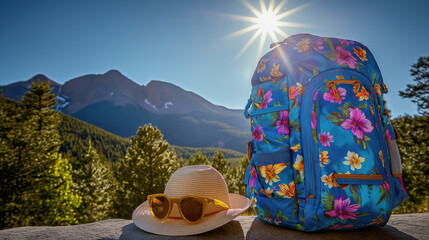 Travel image at mountains with blue and yellow floral print luggage backpack bag, sun hat. Vacation hiking explore wandering adventure weekend trip lifestyle or spring break sunny getaway.
