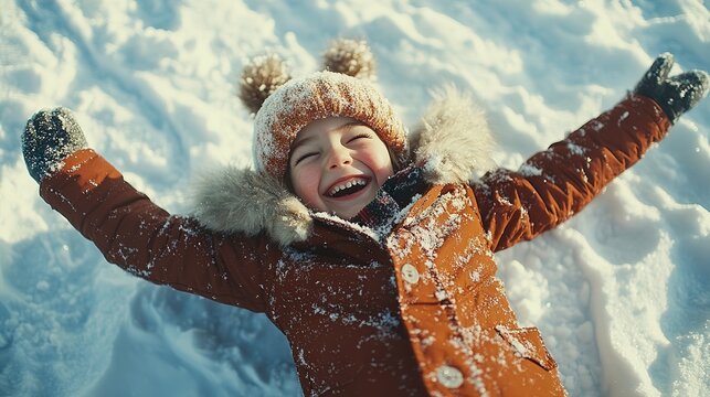  Child falling backward into a pile of freshly fallen snow, arms spread wide and laughing joyfully as they prepare to make a snow angel. Captures a fun, playful winter moment.