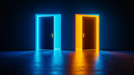 Two doors with blue and orange neon lights leading to different paths