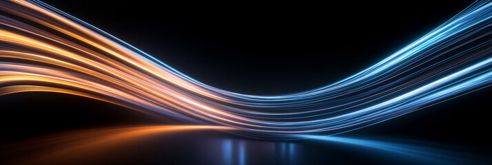 Orange and blue light trails flowing in dark space