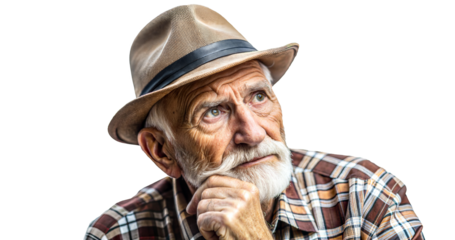 Thoughtful elderly man with hat and plaid shirt on white background. Cut out