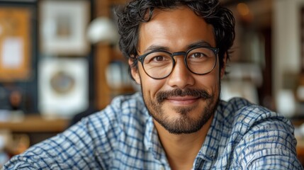 Portrait of a Happy, Relaxed Man with Glasses and a Beard, Smiling in a Cafe Setting.