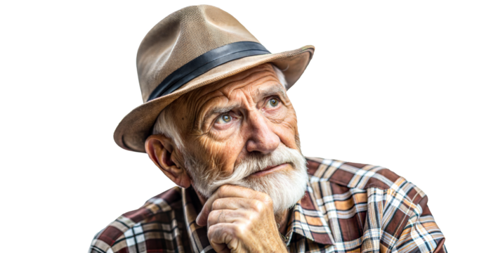 Thoughtful elderly man with hat and plaid shirt on white background. Cut out