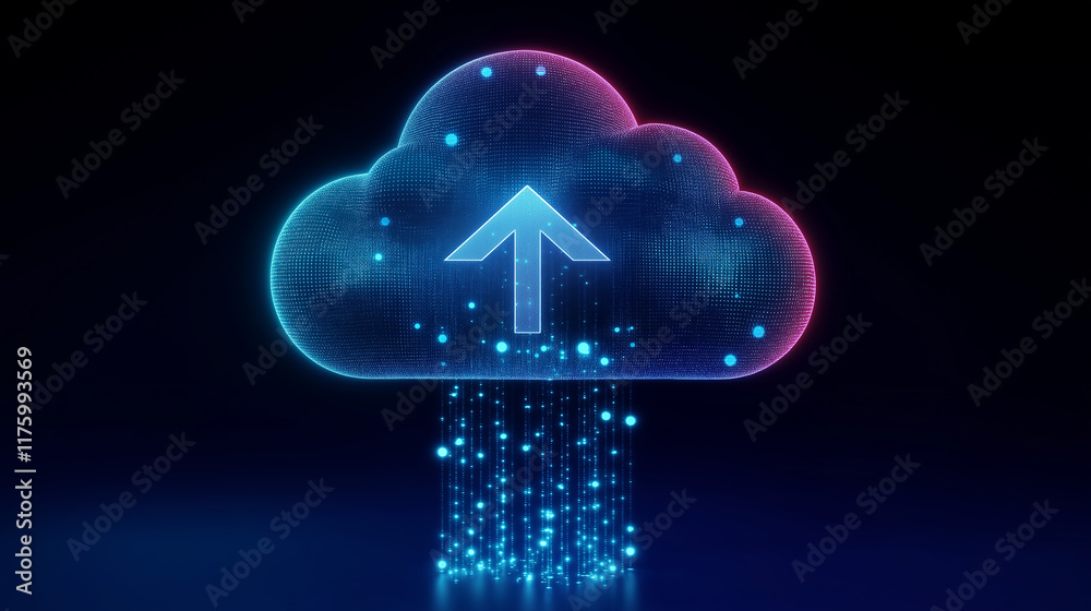 Aufkleber Cloud computing uploading data stream visualization in digital cyberspace