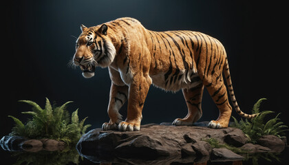 Fototapeta premium Majestic tiger standing on rocks surrounded by ferns in a dramatic setting with focused lighting