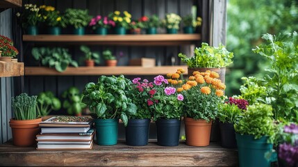  Colorful potted plants neatly arranged on wooden shelves in an outdoor garden shed. Vibrant flowers and greenery emphasize home gardening, plant care, and natural beauty.