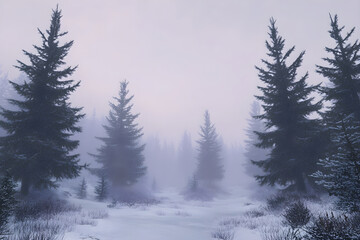 Fototapeta premium Serene Snowy Pine Forest Under a Tranquil Pale Gray Winter Sky, Reflections in Nature