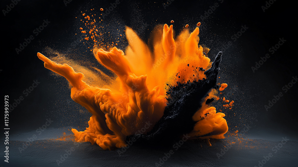 Poster orange and black powder exploding on dark background