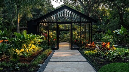 Obraz premium Modern greenhouse model with sleek glass panels, aluminum frame, and a gabled roof. Designed with a spacious interior for plants, blending innovation and eco-friendly architecture.