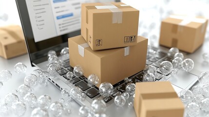  Cardboard boxes placed on laptop keyboard surrounded by bubble wrap, representing e-commerce, online shopping, and product shipping processes. Conceptual image for modern logistics and retail.