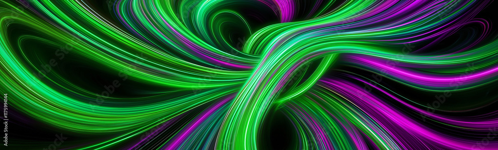 Poster Green and purple neon lines creating abstract swirls on black background