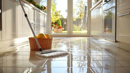  Sunlit kitchen with mop and basket of lemons on freshly cleaned tile floor. Modern interior emphasizes cleanliness, hygiene, and fresh living environment.
