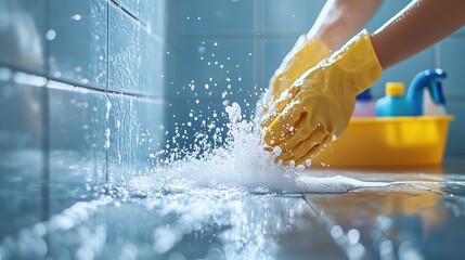  Close-up of hands wearing yellow rubber gloves scrubbing wet bathroom floor. Water splashes and cleaning supplies in background emphasize household cleaning and hygiene routines.