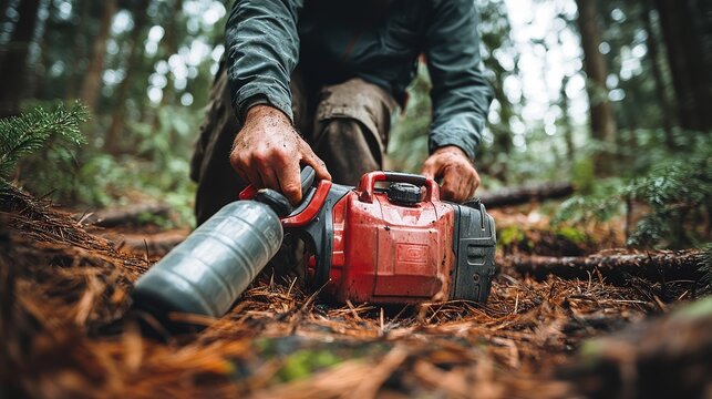  Person carefully refilling a gas-powered chainsaw, tilting the fuel bottle with precision to avoid spills. Highlights safety, maintenance, and tool care in outdoor work.