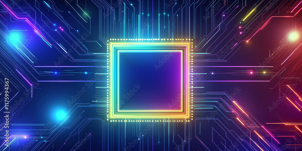 Poster cpu is glowing with colorful lights and connections on motherboard