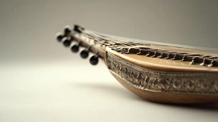 Close-up of an antique zither, showcasing intricate details on its wooden body and tuning pegs against a neutral background.