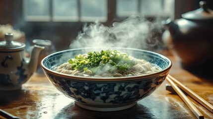 Steaming bowl of soba noodles topped with fresh green onions. A dish traditionally eaten in Japan during New Year celebrations to symbolize longevity and good fortune.