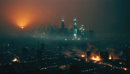 Dark silhouette of a city skyline engulfed in flames with a glowing orange sunset in the background