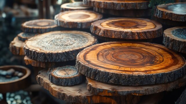 Wooden coasters showing tree rings forming a beautiful pattern