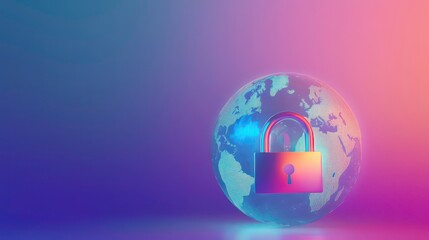 anti tracking settings concept. A digital padlock symbolizes security and protection over a stylized globe, representing global cybersecurity and privacy in a vibrant, gradient background.