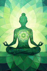 Green crystal woman meditating in lotus pose with mandala in her chest