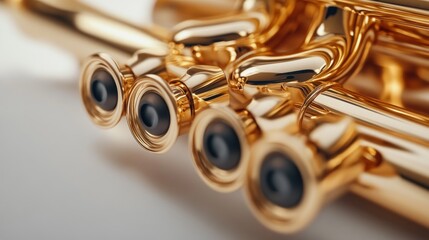 Obraz premium Close-up of golden trumpet valves on white background.