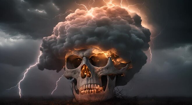 Cloud Lightning Eerie spectacular and dramatic lightening storm illuminating dark and sullen skull shaped cloud with brilliant and intense bolts video 4K