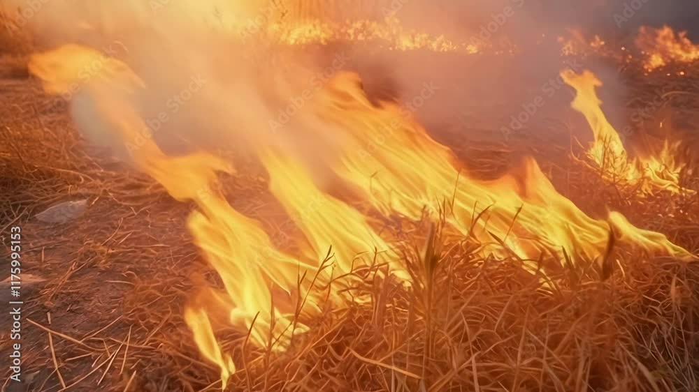 Poster Flames engulfing dry grass in a field, creating a dangerous wildfire and demonstrating the devastating power of nature during a natural disaster