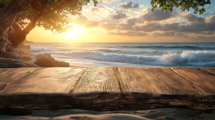 Fototapeta premium A serene beach scene at sunset with a wooden table in the foreground.