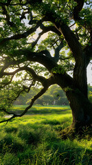 Peaceful Meadow with Majestic Oak Tree and Winding Brook, Highlighting Nature's Strength and Tranquility