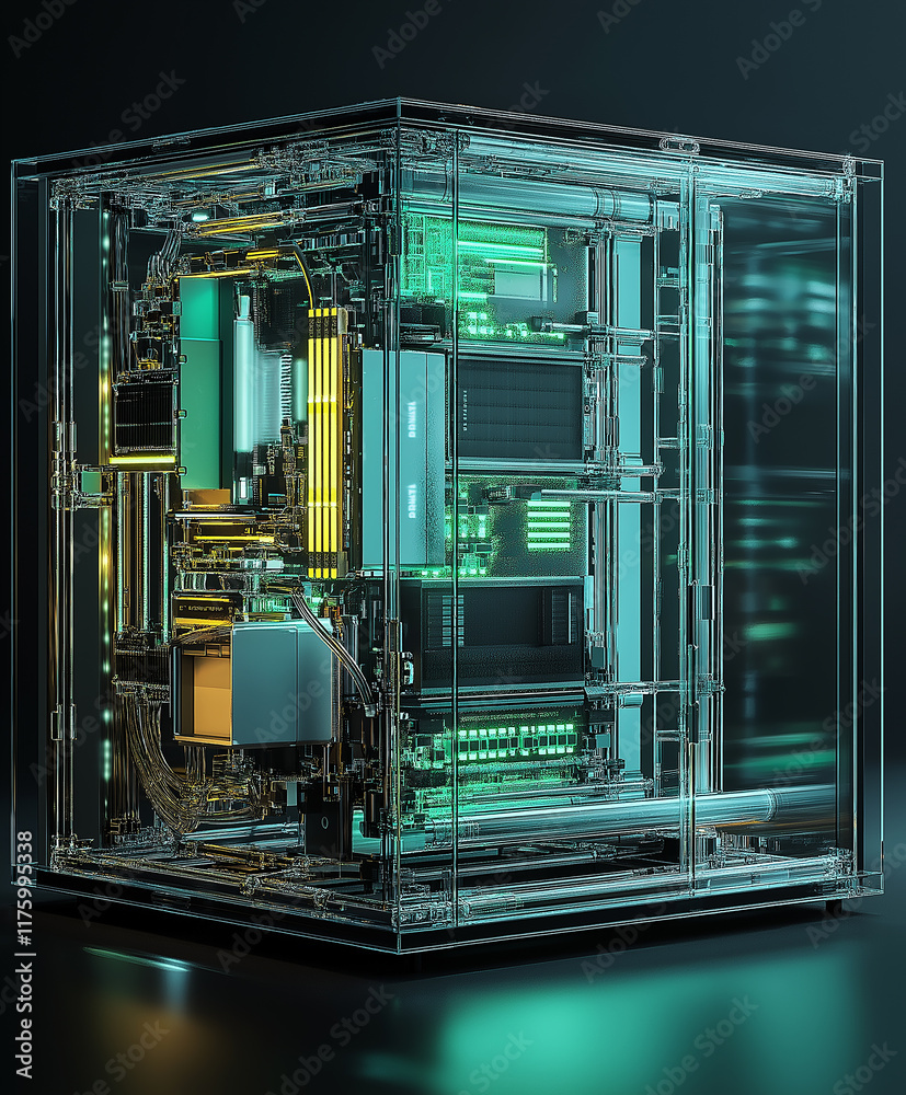 Poster Quantum computer processing data in transparent glass case