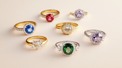 Collection of elegant gemstone rings with gold and silver settings.