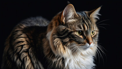 Obraz premium Majestic tabby cat with striking fur pattern posing against a dark background during a quiet indoor moment