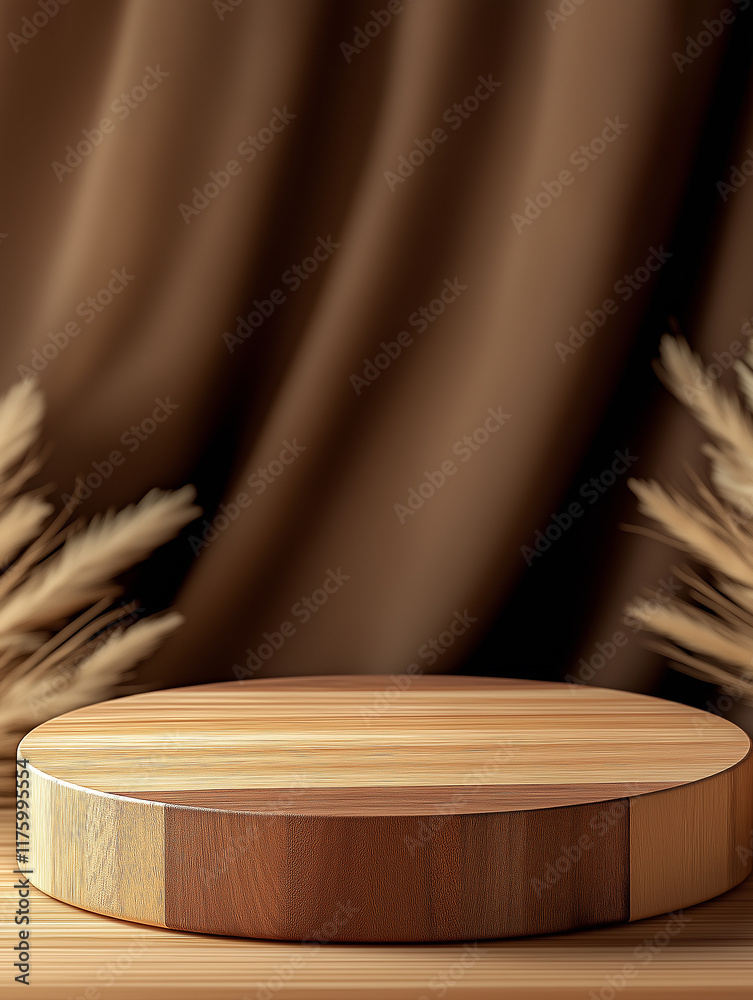 Poster empty round wooden podium on table with brown background for product placement