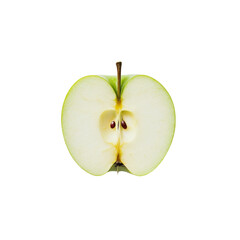 Fresh half green apple cut open revealing juicy transparent interior on plain transparent background, half green apple on transparent background