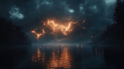 Naklejka premium Fiery lightning storm over lake at night.