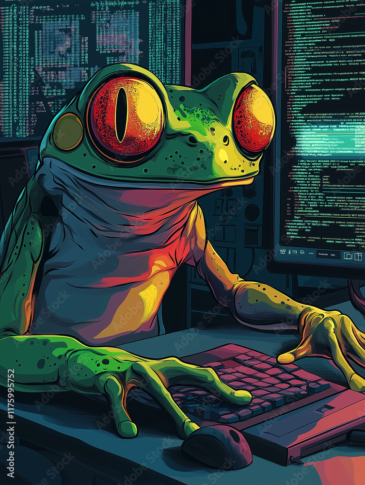 Leinwandbilder Programmer frog typing on keyboard, coding late at night