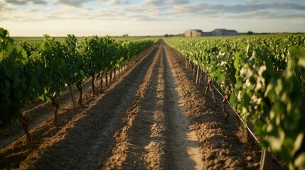 Obraz premium A serene vineyard at dusk stretches in long, orderly rows under a soft sky, epitomizing pastoral calmness and fertile abundance.