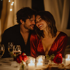 Smiling couple sharing an intimate candlelit dinner, surrounded by romantic decor with roses and wine, capturing the warmth of love and connection on Valentine&rsquo;s Day. Generative AI.