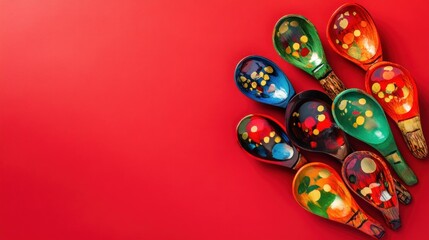 Colorful handcrafted wooden spoons on red background.