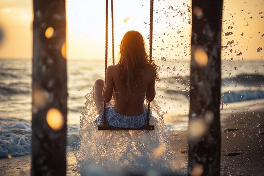 Woman on Swing at Sunset by the Beach with Splashing Waves