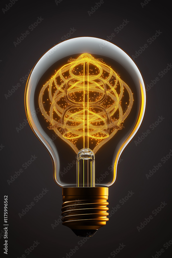 Poster light bulb shining with filament glowing on dark background