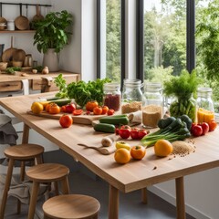 Rustic kitchen scene featuring fresh vegetables and herbs. Bright colors and natural textures enhance inviting ambiance. Great for culinary art, home cooking, and organic lifestyle visuals.