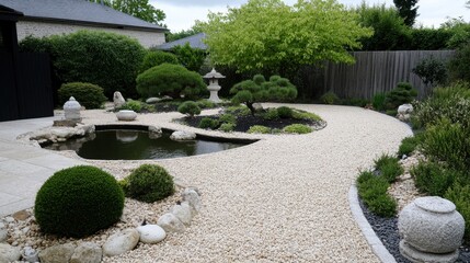 Obraz premium A tranquil monastery garden features koi ponds, bonsai trees, and artful stone arrangements amidst meditative pathways.