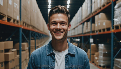 Obraz premium Smiling young man in a warehouse surrounded by cardboard boxes during a bright day