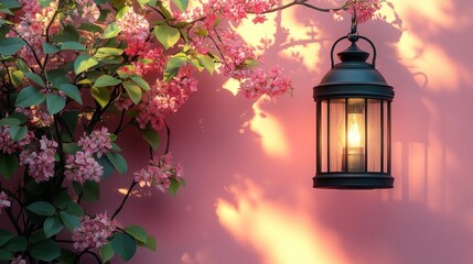 Illuminated lantern hanging near pink flowering vine on a wall.